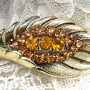 Vintage Coro Pegasus Signed Gold Tone Brooch Amber Rhinestones Statement 1960s